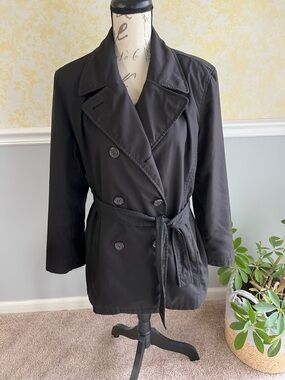 Talbots Black Double-Breasted Belted Trench Jacket